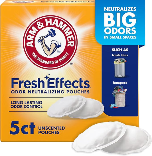 Arm & Hammer Fresh Effects Odor Neutralizing Baking Soda Pouches, Unscented Deodorizer for Long Lasting Freshness in Shoes, Gym Bags, & Small Spaces, 5 count