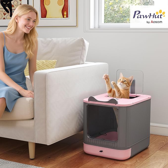 PawHut Cat Litter Box with Lid, Enclosed Litter Box for Medium Cats, Front-Entry and Top-Exit, Scoop, Deodorizer Bag, Easy Clean & Non-Sticky, Anti-Leakage, Pink