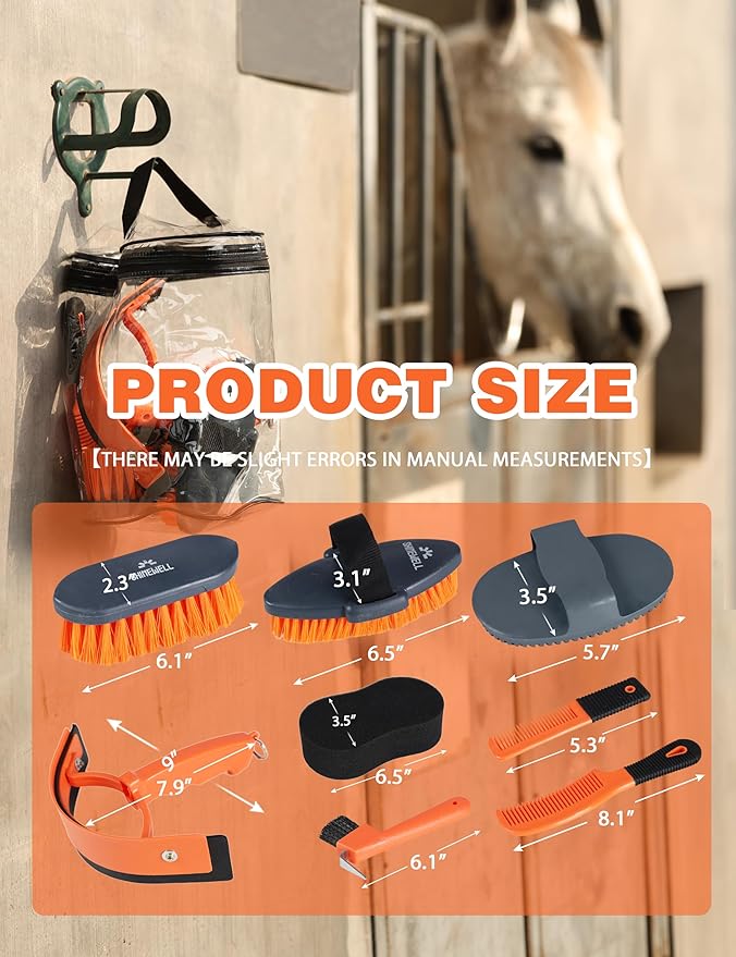 Shinewell Horse Grooming Kit, Complete Horse Brush Set, Equine Grooming Tools for Shedding & Daily Care Orange