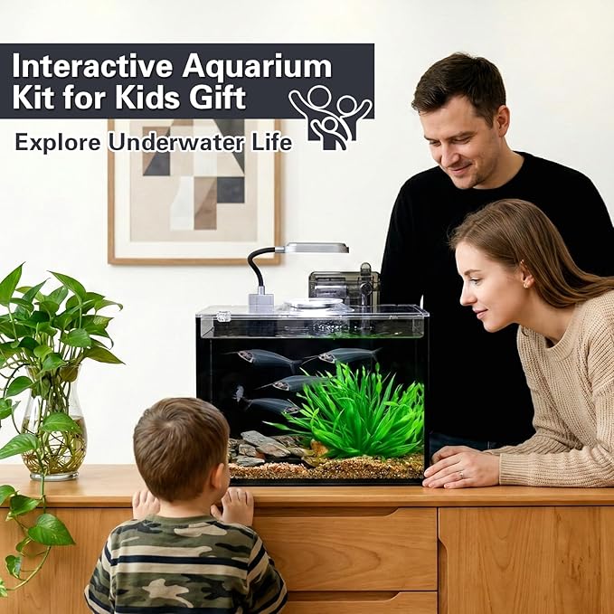 2 Gallon Small Aquarium Set Glass Fish Tank,Desktop Small Aquarium Kit for Beginners and Children to Keep Betta Fish, Goldfish, Shrimp, and Aquatic Plants (Black, 2 Gallon (Complete Kit) ﻿)