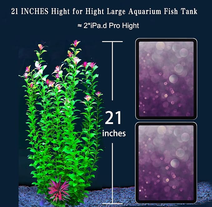 2 pcs Aquarium Decor Plants 21 Inches Extra Large Artificial Plastic Fish Tank Plants with Flowers, Tall Fish Tank Decoration for Betta Fish Tank