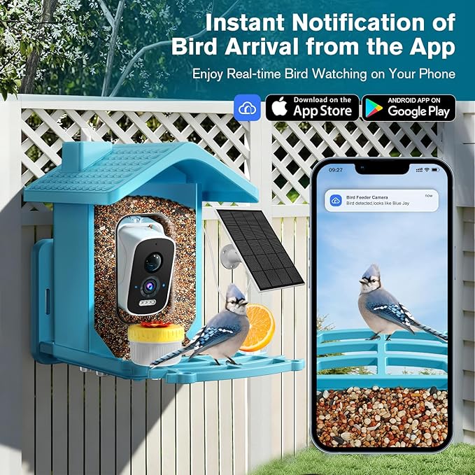 Smart Bird Feeder with Camera Solar Powered, AI Birds Species Identification, 2.5K HD Video Bird House with Camera for Outside, Weatherproof Design Ideal Gifts for Christmas, Bird Lovers, Blue