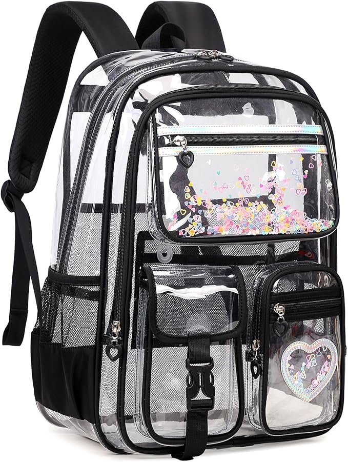 MOONBABY Clear Backpack for Girls, Clear Bookbag Heavy Duty Transparent Backpack for Stadium Events, See Through Back Pack for Kindergarten Elementary Middle High School, Black