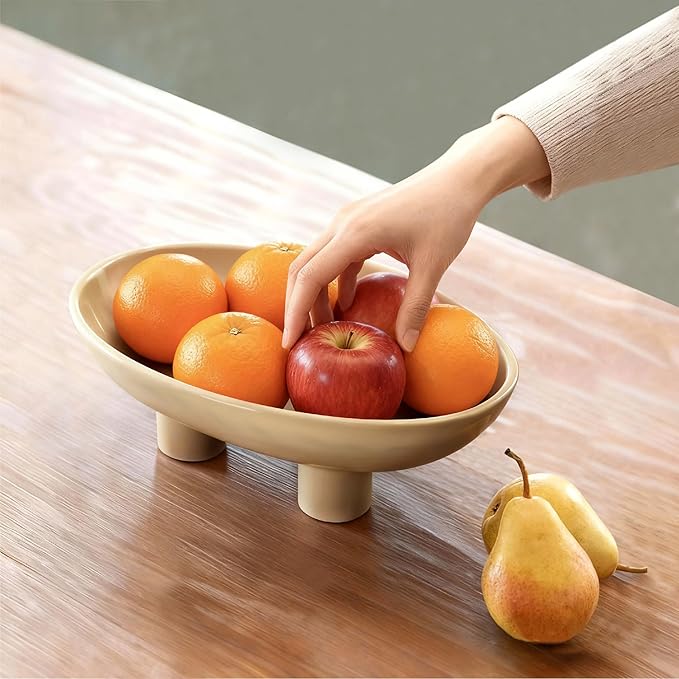 Three-Leg Ceramic Fruit Bowl, 10 Inch Oval Serving Dish for Kitchen Counter, Candy or Key Holder, Home Decor Accent Beige