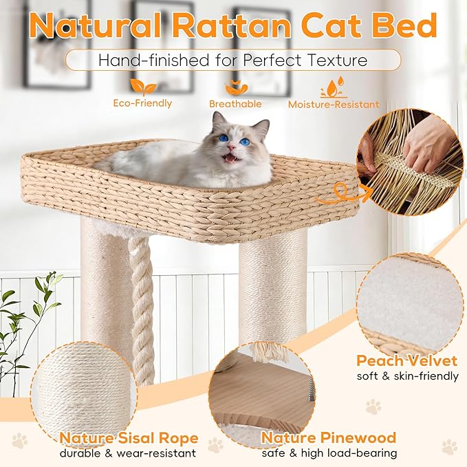 EMUST Luxury Modern Cat Tree Tower 50IN - Heavy-Duty Multi-Level Cat Condo with Extra-Large Hand-Woven Rattan Bed & Thickened Scratching Post for Indoor Cats Large Adult