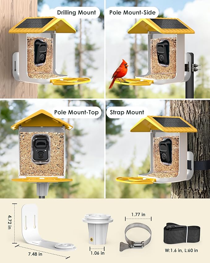 Bird Feeder with Camera Solar Powered, 2K Live Arrival Alert Auto Capture Video with 32GB TF Card, AI Identify Smart Camera Bird Feeder Ourdoor Backyard Gift for Mom Dad Birdlover, 2.4G WiFi