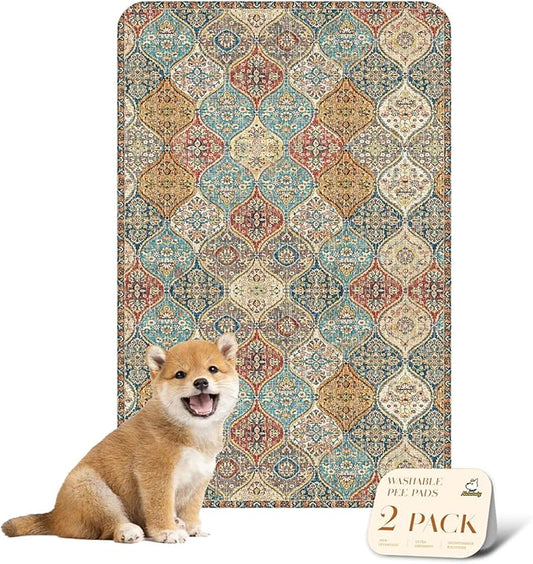 nunubaby Washable Pee Pads for Dogs, Stylish, Non-Slip and Leak-Proof Pee Pads. Reusable Potty Pads for Dogs for Crates and Floors.(Beige/Multi, 24" x36" )
