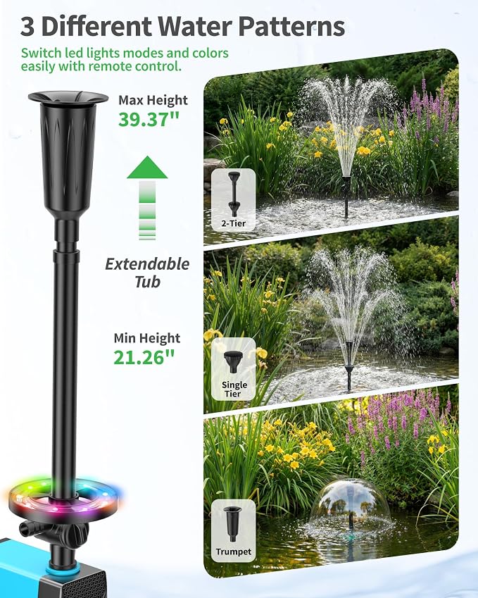 Pond Pump with LED Lights, 660GPH Submersible Pump RGB Pond Filter System with Adjustable Height & Water Flow for Garden Pond Fish Tank Day & Night Pond Decoration -P1104D