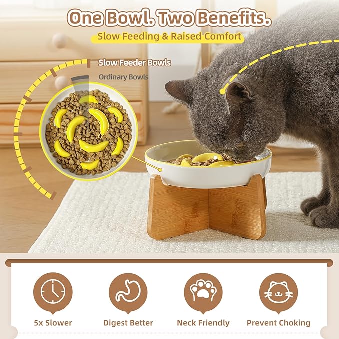 Elevated Slow Feeder Cat Bowl - Ceramic Cat Food Plate with Anti-Slip Bamboo Stand - Whisker Friendly Feeding Bowl - Shallow Maze Dish for Slow Eating - Yellow
