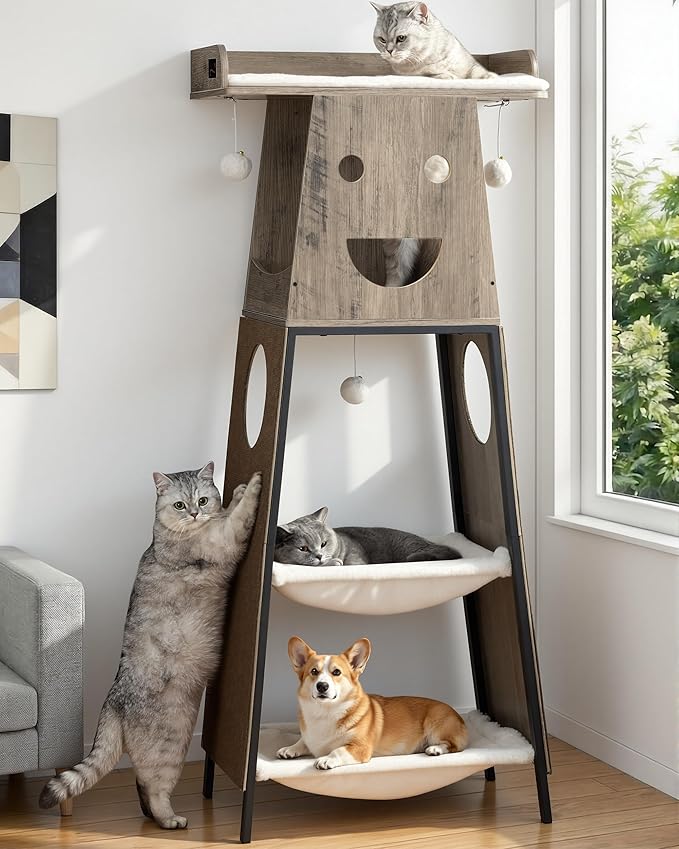 Modern Wood Cat Tree for Indoor Cats, 56 Inch Tall Cat Tower with Hammock, Multi-Level Trees with Perch Bed, 2 Hammock, Cat Condo, Scratching Board, Removable Pads, Cat Furniture, Greige