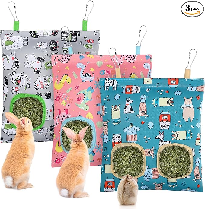 UPINS 3 Hay Bag for Rabbits - 2-Hole Hanging Hay Feeder for Guinea Pigs, Chinchillas, Hamsters & Small Pets (Dark Color)