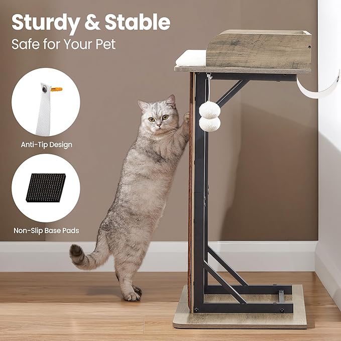Modern Wood Cat Tree Tower for Indoor Large Cats, 33.8-Inch Tall Wooden Cat Trees with Big Perch Bed, Cat Scratching Pads, Washable Removable Cushions Scratching Mat, Cat Furniture, Greigy