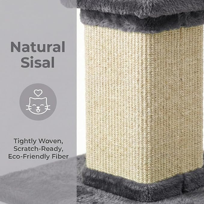 32" Tall Cat Scratching Post, Cat Scratcher with Heavy Duty Thick Wood Base, Cat Tower with Natural Sisal Rope and Hanging Ball, Plant-Like Design Scratching Post, for Small and Adult Kittens, Grey