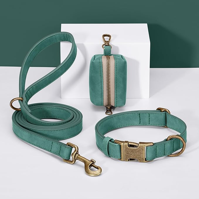 Didog Soft PU Leather Dog Collar, Stylish Quick Released Dog Collars for Small Dogs, Easy Clean Adjustable Pet Collar for Daily Walking, Green, S Fit 10-15" Neck