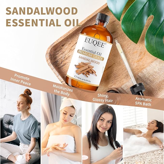 EUQEE Sandalwood Essential Oil(4 oz/118 ml) Sandalwood Oil Oil with Glass Dropper, Great for Diffusers, Soap & Candle Making