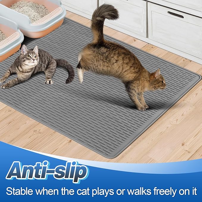 Easy Clean Silicone Cat Mat for Litter Box - 39" x 26.6" Extra Large Waterproof Non-Slip Kitty Litter Trapping Mat for Protecting Floor, Less-Mess Food Water Mat for Indoor, Gray
