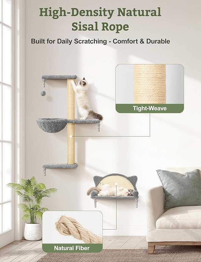 5-in-1 Cat Wall Shelves, Solid Wood & Velvet & Sisal Scratcher, 44lbs Max Load, Wall Mounted Cat Furniture for Climbers, Cat Climbing Wall System, Fits Drywall & Solid Walls - Light Gray