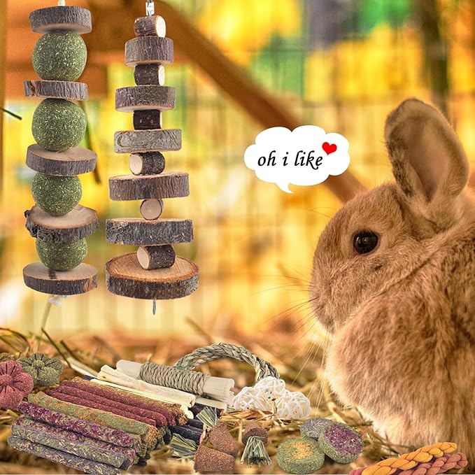 ERKOON 100PCS Rabbit Chew Toys, Natural Timothy Grass Cakes Guinea Pig Toys, Small Animal Teeth Grinding Treats for Bunny Hamster Chinchilla, Safe Dental Care Snacks