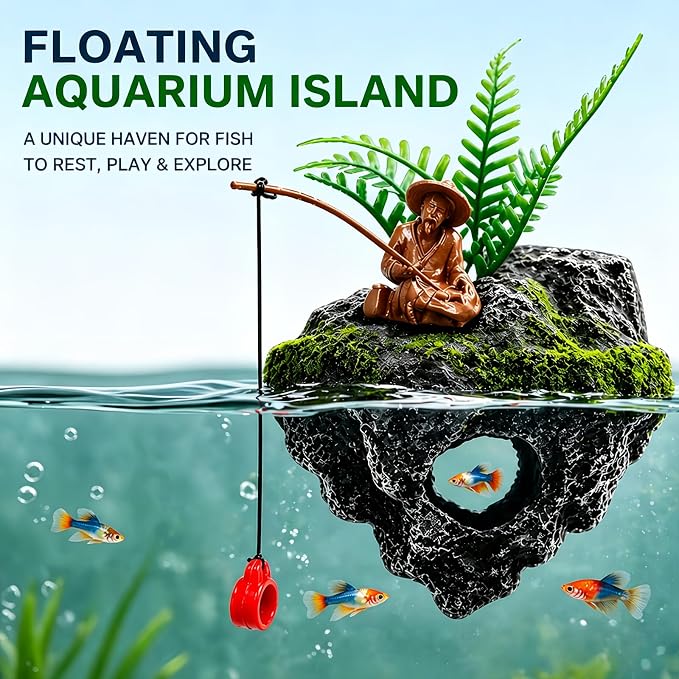 Resin Aquarium Floating Island Decoration, Fish Tank Floating Hiding Cave, Fisherman Decoration Accessory, Betta Fish Habitat, Suitable for Guppies, Rainbowfish and Hermit Crabs