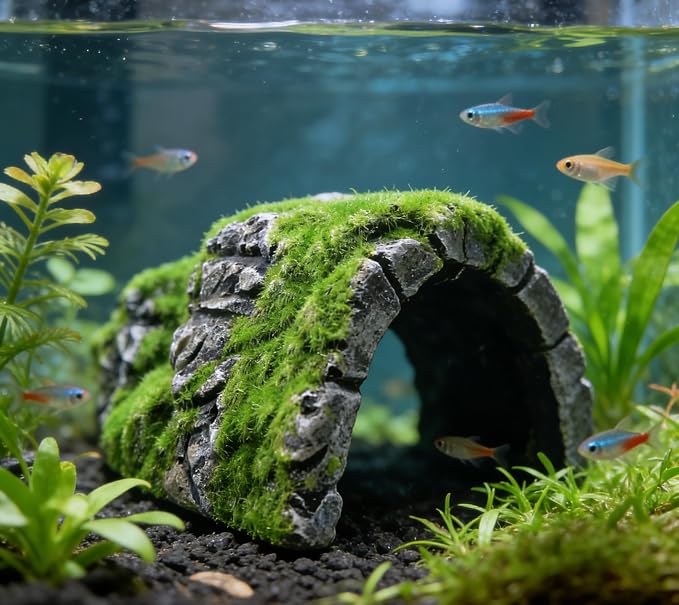 M2cbridge Aquarium Decorations Fish Hideout House Betta Cave with Green Lifelike Moss (Betta Rock Cave)
