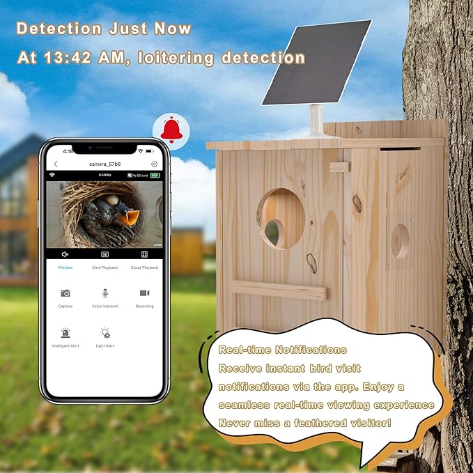 Solar-Powered Smart Owl House with Camera - Outdoor Hanging Wooden Nesting Box, Real-Time View & Motion Detection, for Garden for 2.4g WiFi Coverage Area, for Owl Lovers