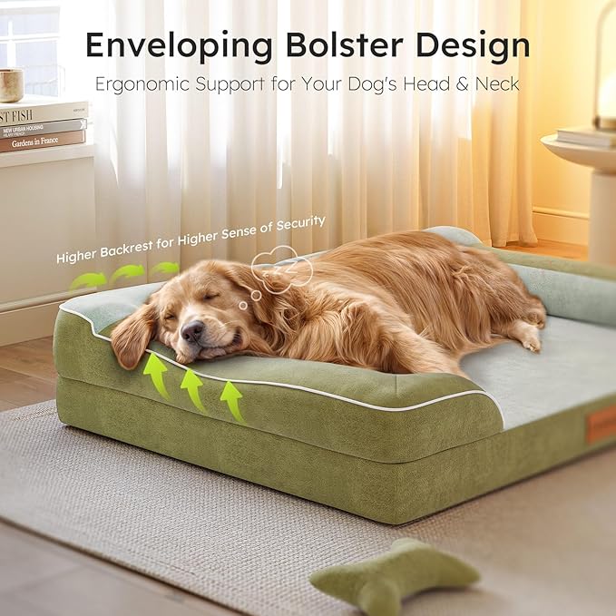 CWAWZ Jumbo Dog Bed for Extra Large Dogs, Orthopedic Dog Bed with Cooling Gel Memory Foam, Waterproof Pet Bed with Removable Washable Cover, 45" Pet Sofa Couch Dutch Velvet with Bone Toy, Dark Green