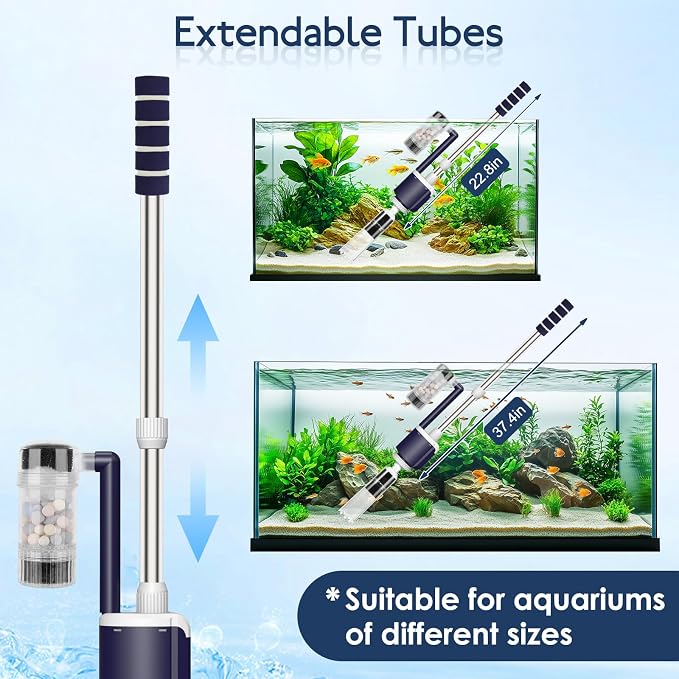 AQQA 600 GPH Electric Aquarium Gravel Cleaner 6-in-1 Fish Tank Vacuum | Cleaner & Water Changer with Stainless Steel Handle & 3-Stage Filter Cup for Turtle Tanks, Adjustable Flow 34W