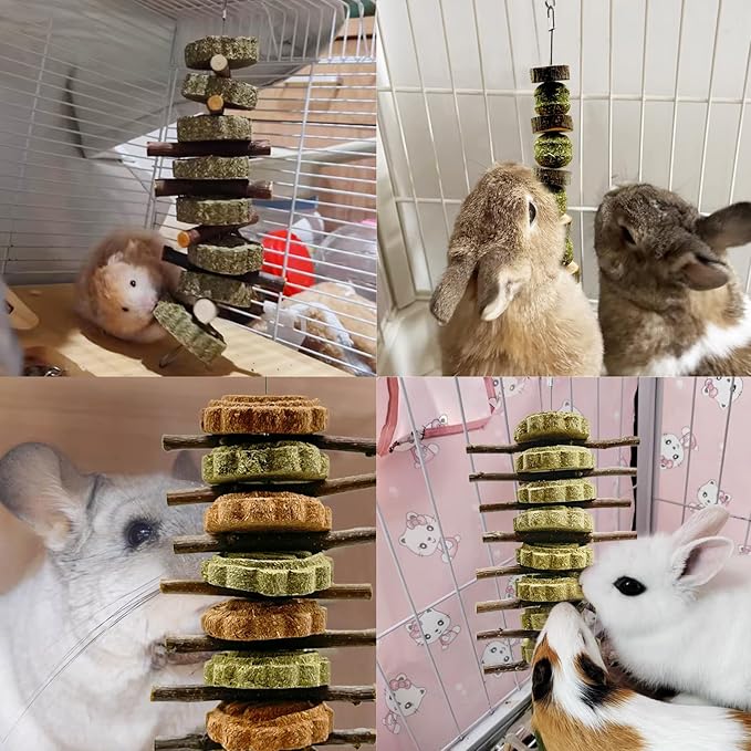 Rabbit Hanging Chew Toys Bunny Chew Toys Natural Apple Wood Branches with Grass Balls Cake Improve Teeth Health Hamster Rabbit Chinchilla Teeth Grinding Treats