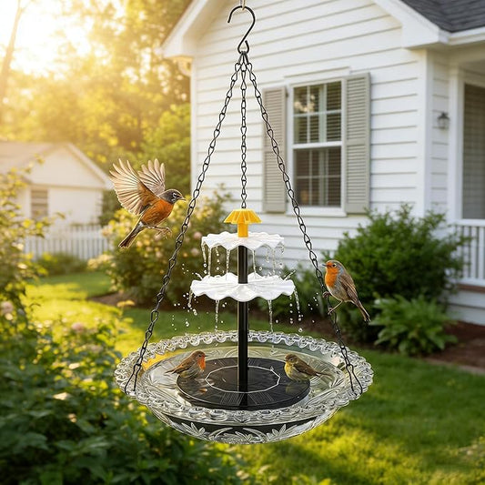 Solar Cascade Hanging Bird Bath Fountain, Solar Fountain Pump with 8 Nozzles, Hanging Bird Bath with Water for Outdoors Garden Patio Backyard Lawn Decor (Gray)