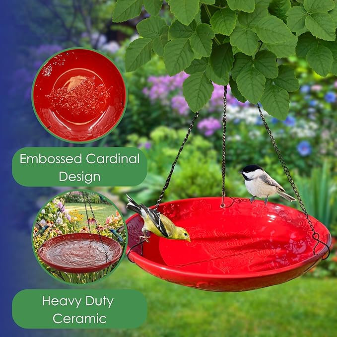 Red Ceramic Bird Bath Bowl - Hanging Bird Baths for Outdoors - 12-Inch Glazed Ceramic Bowl with Embossed Cardinal & Dogwood Design - Metal Chain & Hook
