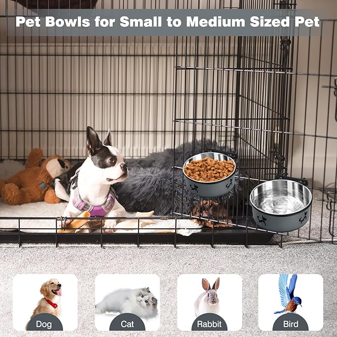 Dog Crate Bowls Hanging No Spill, Set of 2 Dog Crate Water Bowl, Kennel Bowls Mountable, Stainless Steel Pet Cage Accessories Feeder Water Food Dish Coop Cup for Cat Puppy Bunny Guinea Pig Ferret