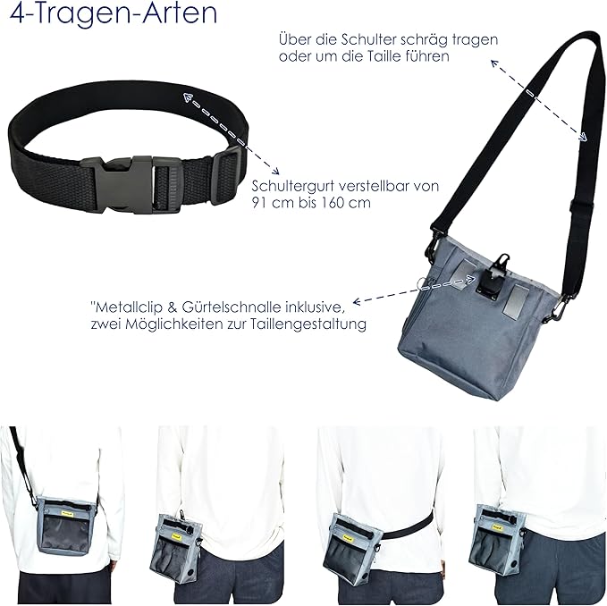 Raisingwell Dog Treat Pouch with Magnetic Closure 4-Cup Silicone Bag Fanny Pack Holder with Clicker 4 Ways to Wear Front Pocket Fits All Phones Ideal for Leash, Pet Walking and Training（Gray）