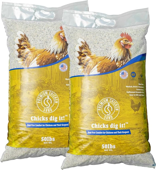 Premium Chicken Sand 50 lbs (2-Pack) – Dust-Free, Odor-Control Bedding for Chicken Coops, Nesting Boxes, and Runs – Natural Poultry Litter, 100 lbs Total