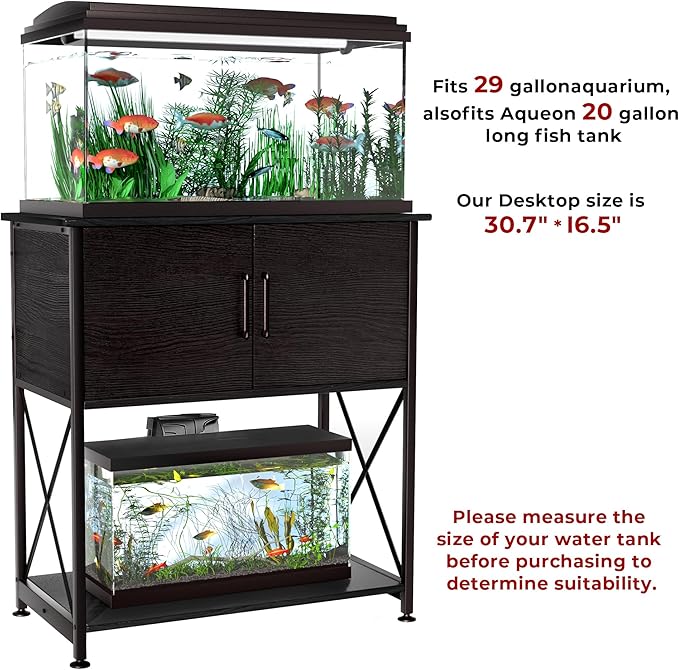 Herture 20-29 Gallon Aquarium Stand Metal Frame Fish Tank Stand with Cabinet Storage, for 20 Gallon Long Aquarium,30.7" L*16.5" W Tabletop,330LBS Capacity Black PG01YGB