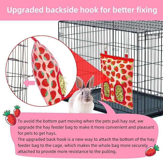 Rabbit Hay Feeder, Hanging Guinea Pig Hay Feeder Bag for Bunny Chinchilla Hamster with Back Hooks, 2 Holes, 9.8x11.4Inch