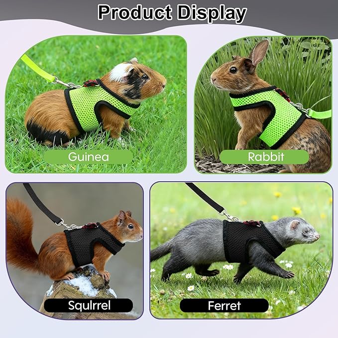 Guinea Pig Harness and Leash，2packs Guinea Pig Clothes Baby Ferret Rats Hamster Soft Mesh Harness Leash for Decoration，Hamster Harness can be Adjusted to Any Size. (Black + Green)
