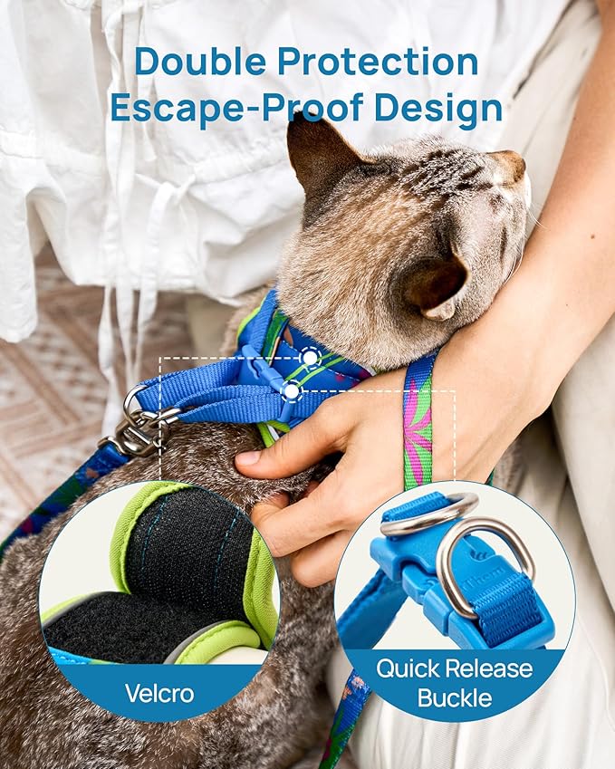 PetThem Upgraded Cat Harness and Leash Set - Step-in Escape Proof Adjustable Cat Harness, Comfortable Soft Lightweight, Reflective Harness for Walking, Travel, Camping (Hawaii Green, L)