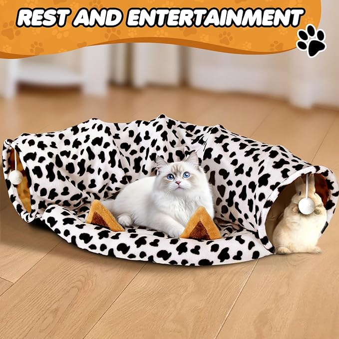 Spardar Bunny Tunnel Bed, 2-in-1 Collapsible Tunnel Tubes Toys, Washable, with Removable Mat Hideout, Interactive Toys for Rabbits Chinchilla Hedgehog Guinea Pigs Kitty, Cow