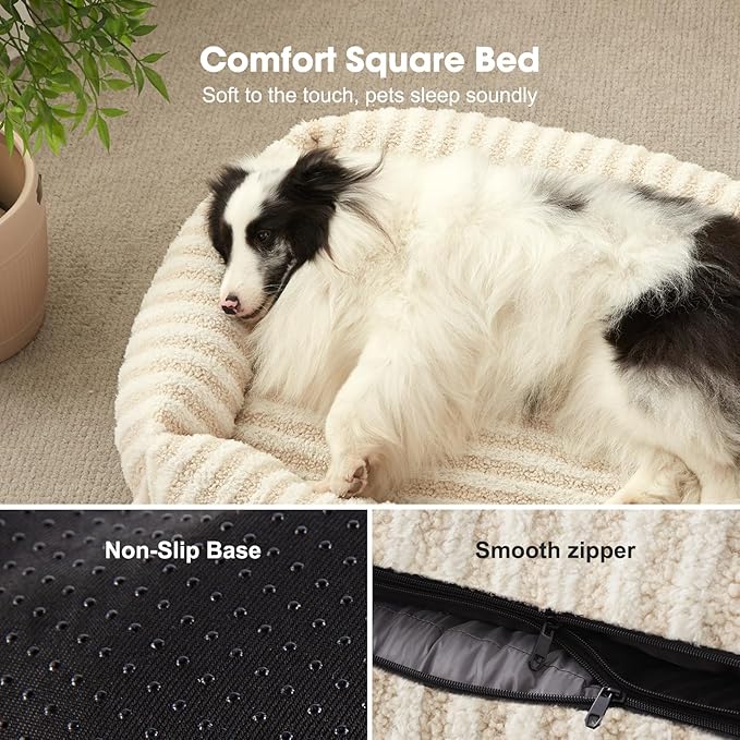MIXJOY Dog Bed for Medium Sized Dogs, Washable Medium Dog Beds with Removable Cover, Rectangle Pet Beds with Non-Slip Bottom, Warming Calming Dogs Cuddler, 25"x21"x7", White