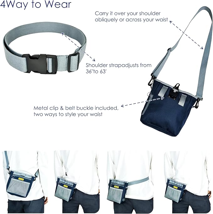 Raisingwell Dog Treat Pouch with Magnetic Closure 4-Cup Silicone Bag Fanny Pack Holder with Clicker 4 Ways to Wear Front Pocket Fits All Phones Ideal for Leash, Pet Walking and Training（Blue）