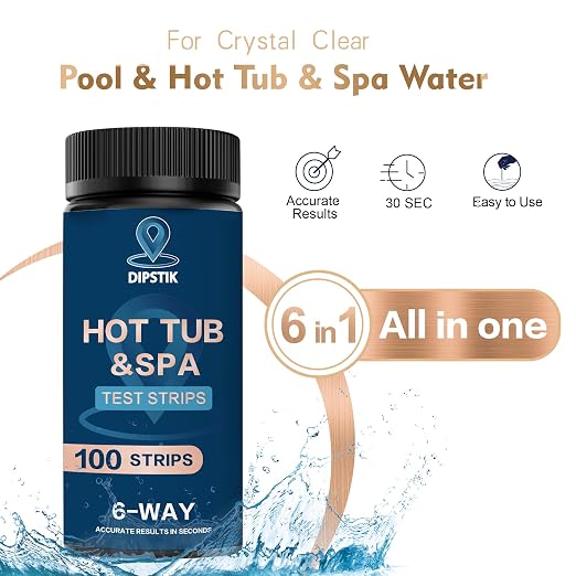 DIPSTIK Pool and Spa Test Strips-6 in 1 Hot Tub Test Strips,100 Counts | Accurate Swimming Water Test for pH, Total Hardness, Bromine, Free Chlorine, and Total Chlorine Test Strips,