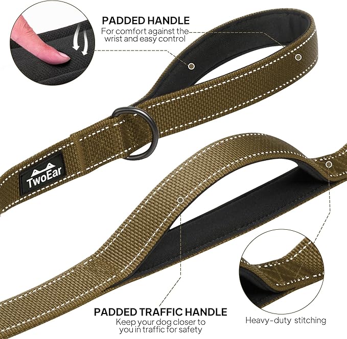 TwoEar 4FT 1IN Strong Brown Dog Leash with 2 Padded Handles, Traffic Handle Extra Control, Comfortable Soft Dual Handle, Auto Lock Hook, Reflective Walking Lead for Small Medium and Large Dogs