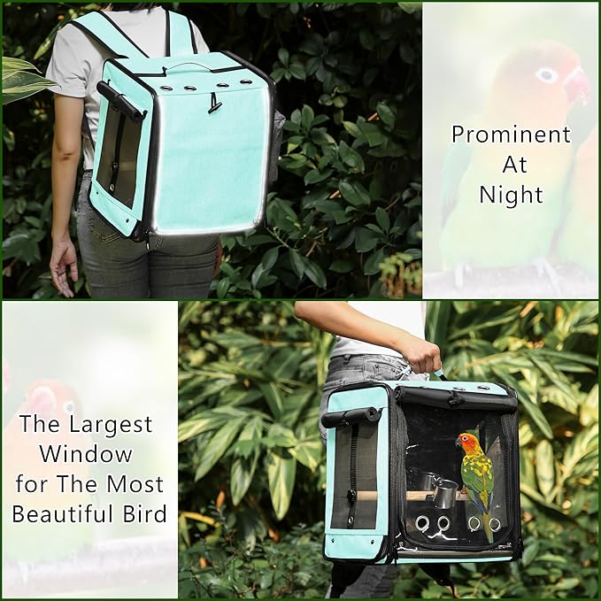 Bird Carrier with Seat Belt for Car Travel, Bird Backpack Carrier with Indestructible Stainless Steel Mesh, Large Bird Carrier Travel Cage, Green