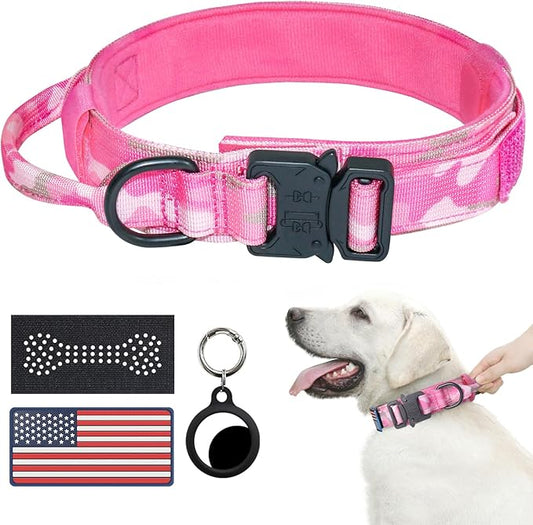 Hotsky Tactical Dog Collar, Adjustable Military Training Nylon Airtag Collar with Handle and Heavy Duty Metal Buckle for Medium Large Dogs, with Airtag Holder and Two Patches （Pink Camo,L）