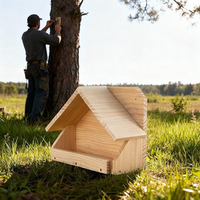 Briwooody Wooden Open Mourning Dove Nesting Box for Outside Dove Bird House 14 H x 10 W x 5.3 L Inches Bird Nesting and Roosting Platform Hanging Birdhouse Garden Decoration (Triangular Roof, Brown)