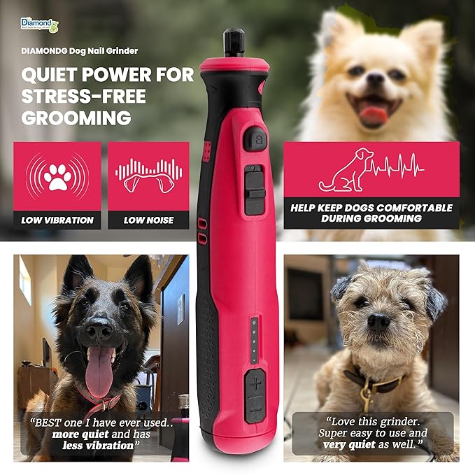 Diamondg Cordless Dog Nail Grinder with Quiet Sound & LED Tip for Large & Small Dogs, 4hrs. Runtime - Electric Dog Nail Trimmer, Heavy Duty Rotary Tool Alternative to Toenail Clippers & Filers