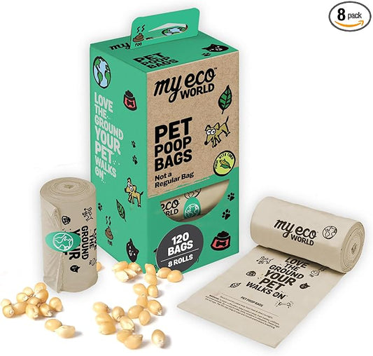 MyEcoWorld® Compostable Pet Poop Bags - Made with Corn and Other Certified Compostable Materials - 120 Bags - 8 Roll - Extra Strong - Leak Proof - Unscented - Easy to Open