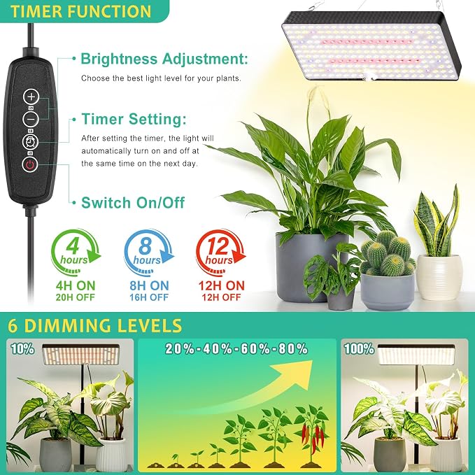 LBW Desk Grow Light, 214 LEDs Full Spectrum Plant Light for Indoor Plants | Desktop Grow Lamp with 4/8/12H Timer, 10"-26" Height Adjustable, 6 Brightness Levels, for Seed Starting