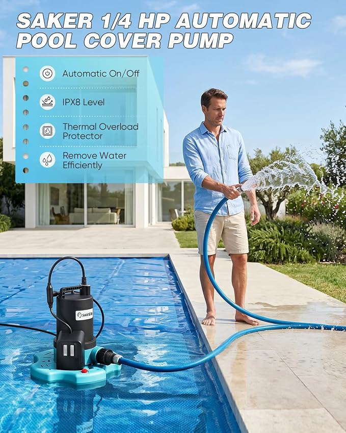 Saker Automatic On Off Submersible Water Pump, 1/4 HP Sump Pump,2377 GPH | Submersible Pump,Pool Cover Pump with 25ft Power Cord & Filter Net for Swimming Pool Covers, Hot Tubs, Rooftops