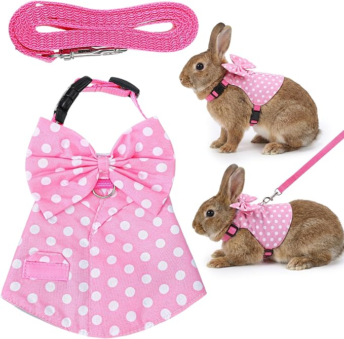Bunny Harness and Leash Set, Escape Proof, Soft Breathable Mesh Rabbit Leash Vest with Safety Buckles, Pink Wave Point Breathable Bunny Clothes, Outfits for Outdoor Training Camping, Pink, S